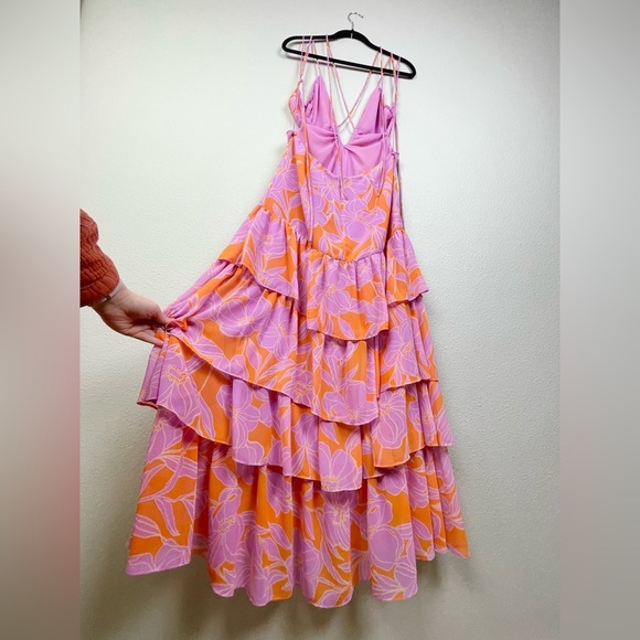 ASTR The Label Women's Large Aneira Dress Orange Purple Floral Maxi Ruffle Strap - Picture 12 of 16